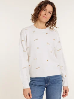 Pull femme coeurs et message brodés