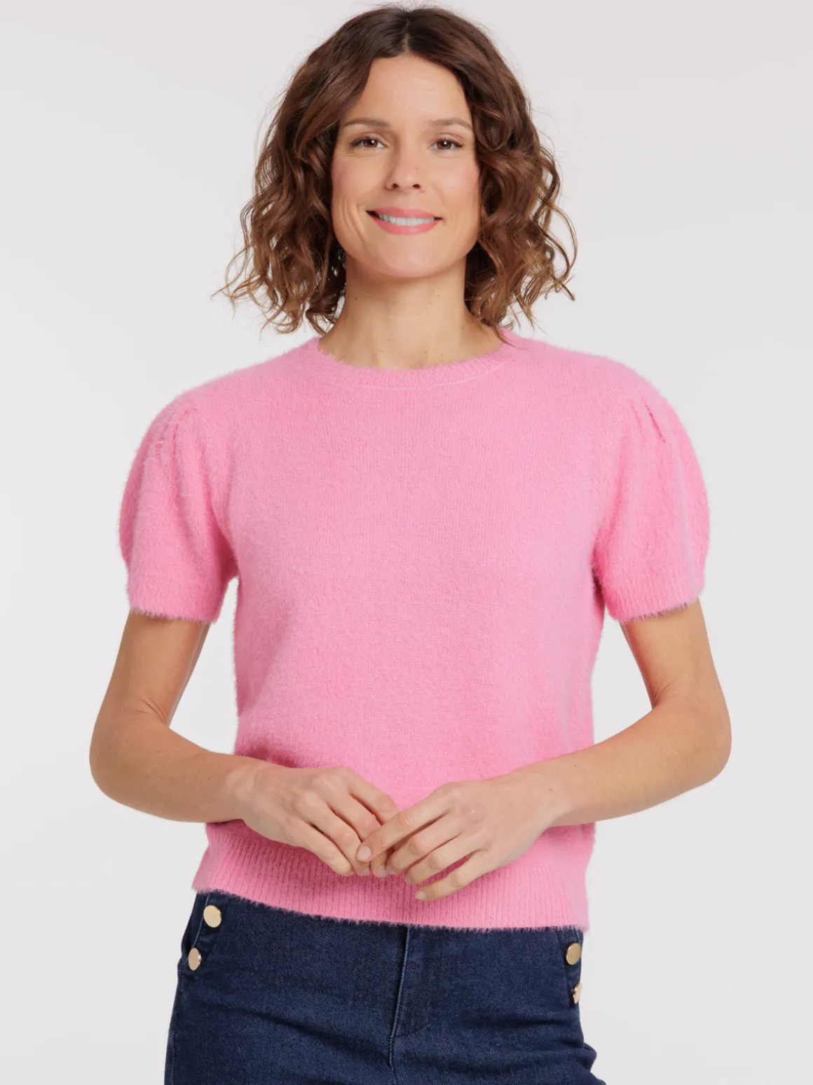 Pull femme rose manches courtes