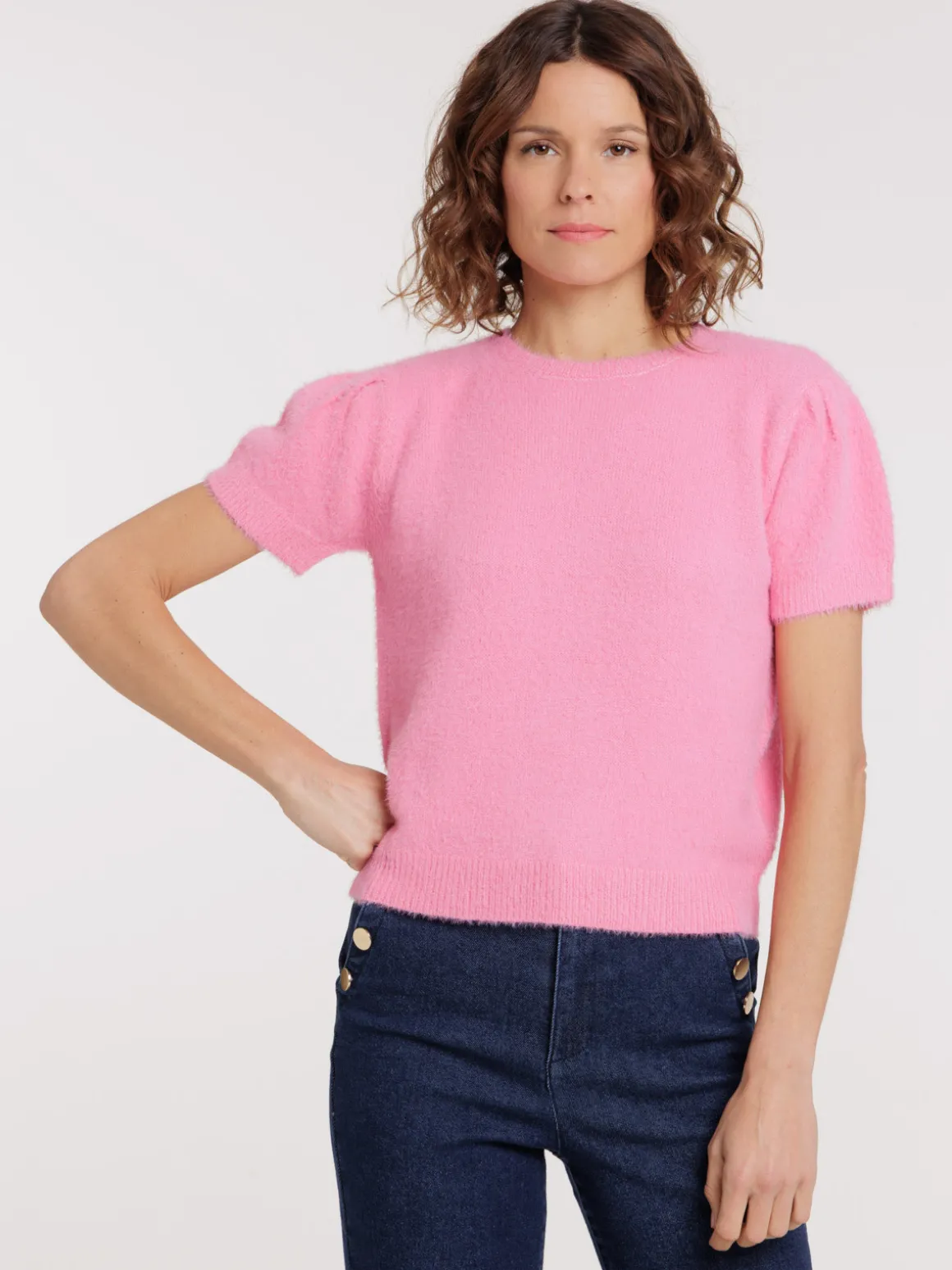Pull femme rose manches courtes