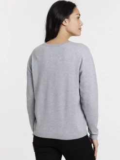 Pull fin col rond gris clair chiné femme
