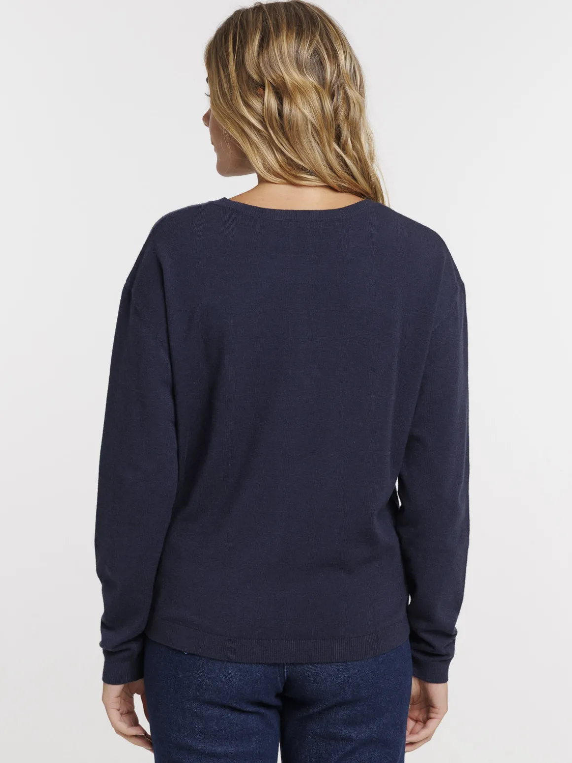 Pull fin col rond marine navy femme