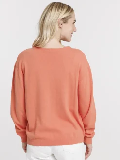 Pull fin col V corail femme