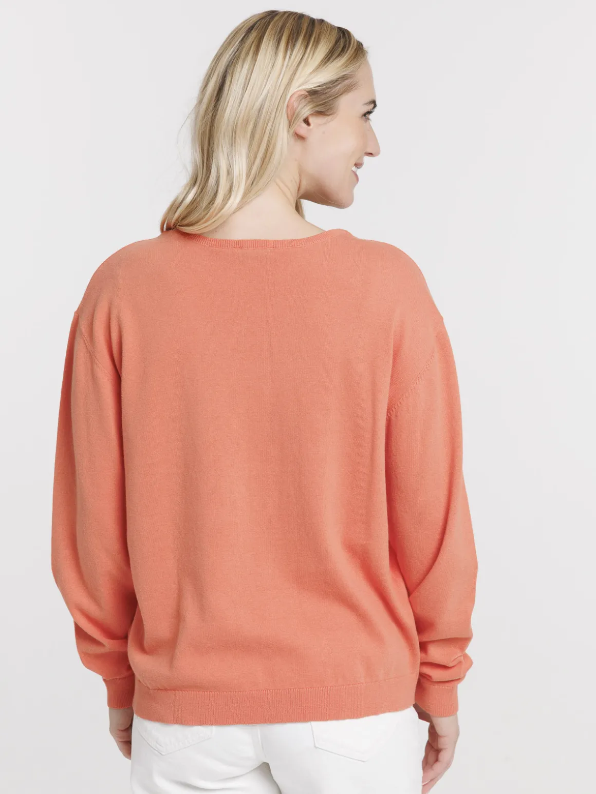 Pull fin col V corail femme