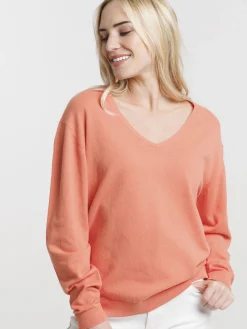 Pull fin col V corail femme