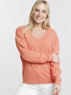Pull fin col V corail femme