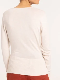 Pull fin col V crème grisée femme