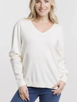 Pull fin col V nacre femme