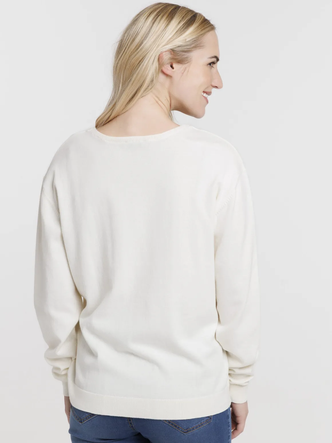 Pull fin col V nacre femme
