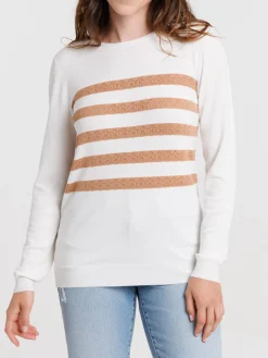 Pull fin écru rayure croissant femme