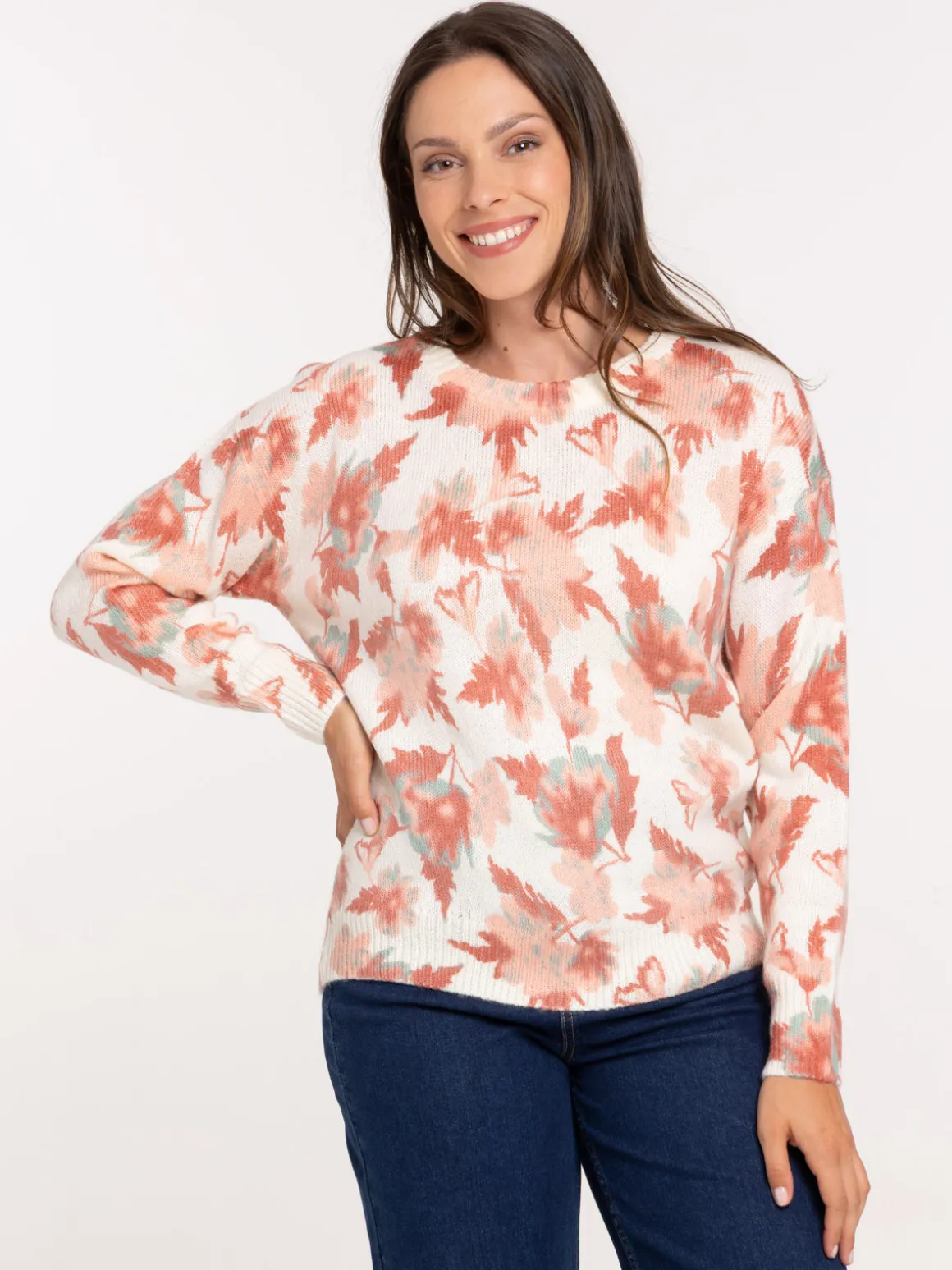 Pull fleuri col rond femme