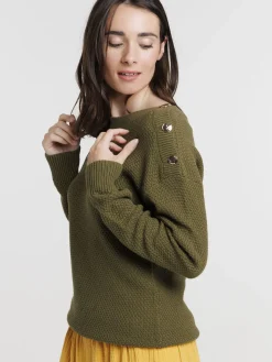 Pull kaki indien boutons épaules femme