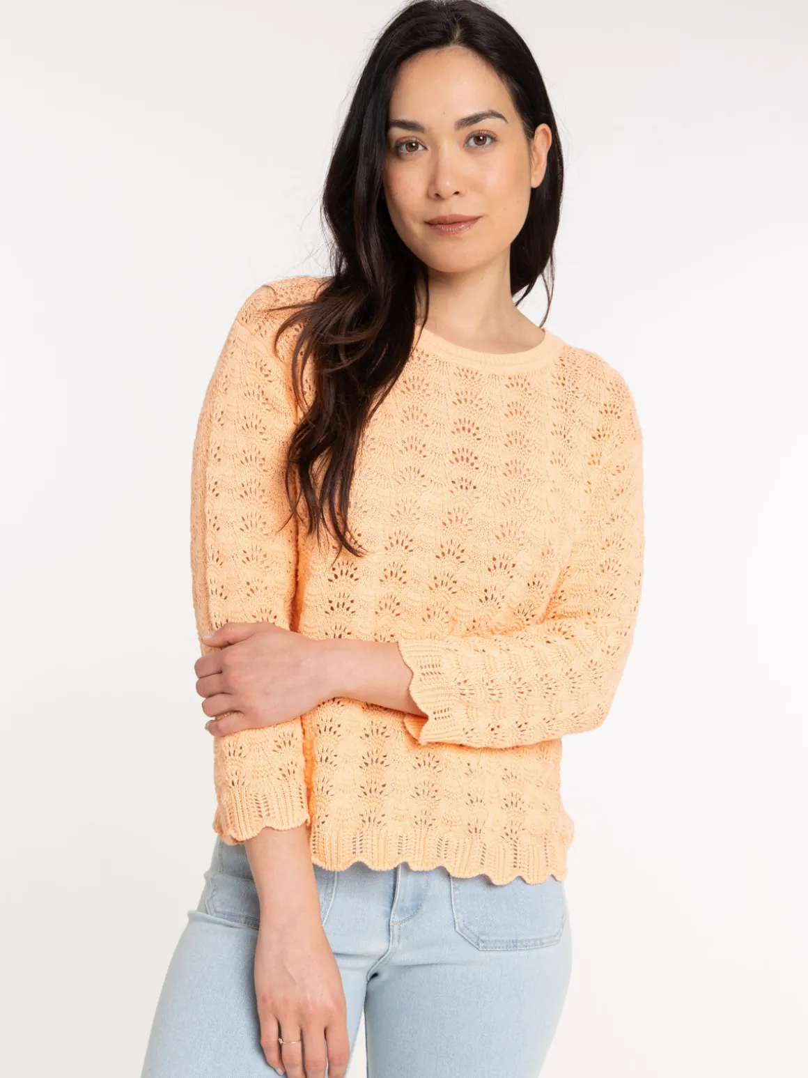 Pull maille ajourée orange sorbet femme