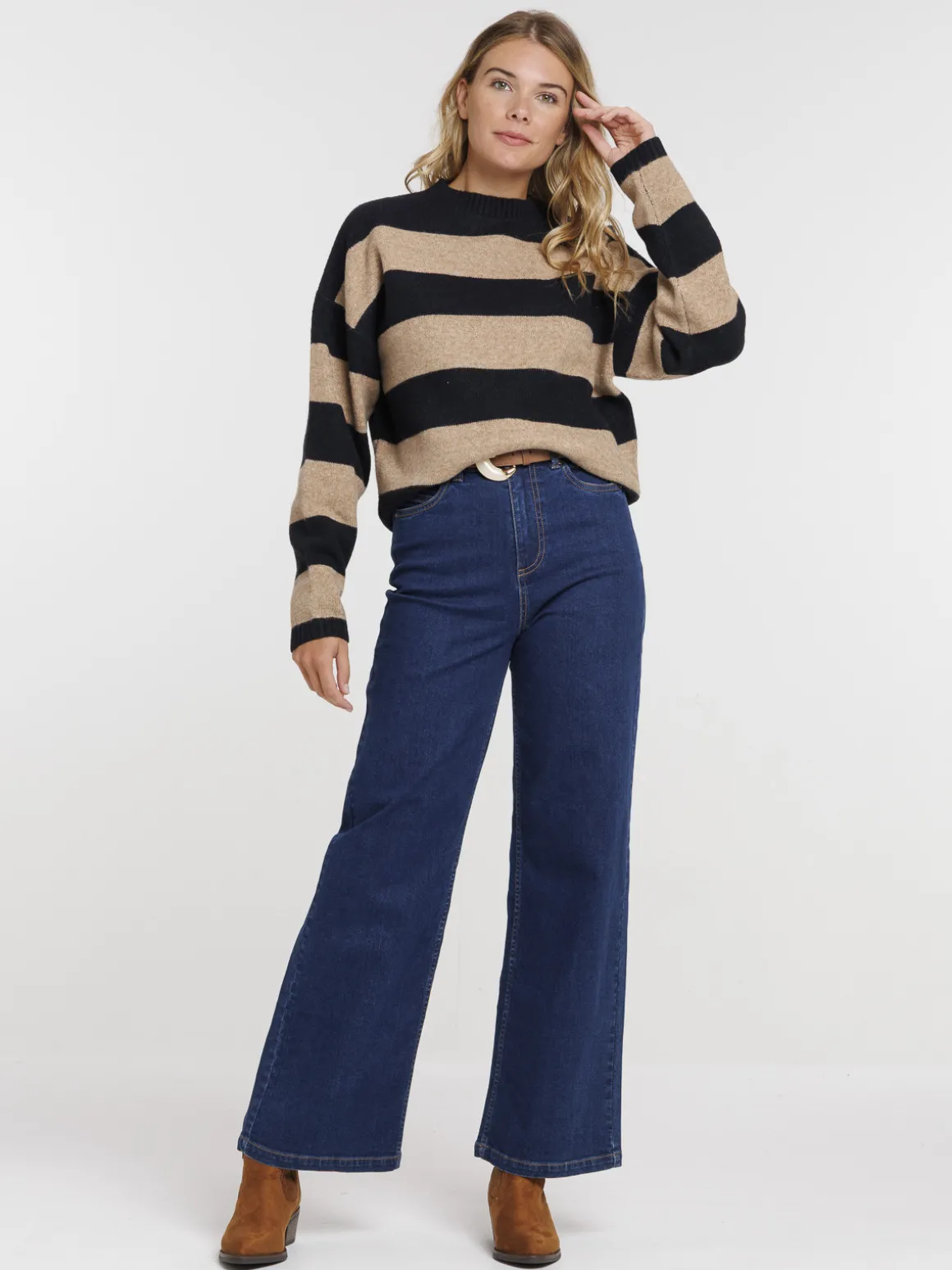 Pull rayé camel femme