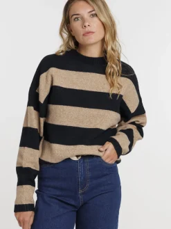 Pull rayé camel femme