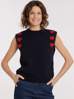 Pull sans manches coeurs rouges femme