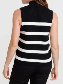 Pull sans manches rayé noir écru femme