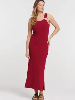 Robe longue côtelée bourgogne femme