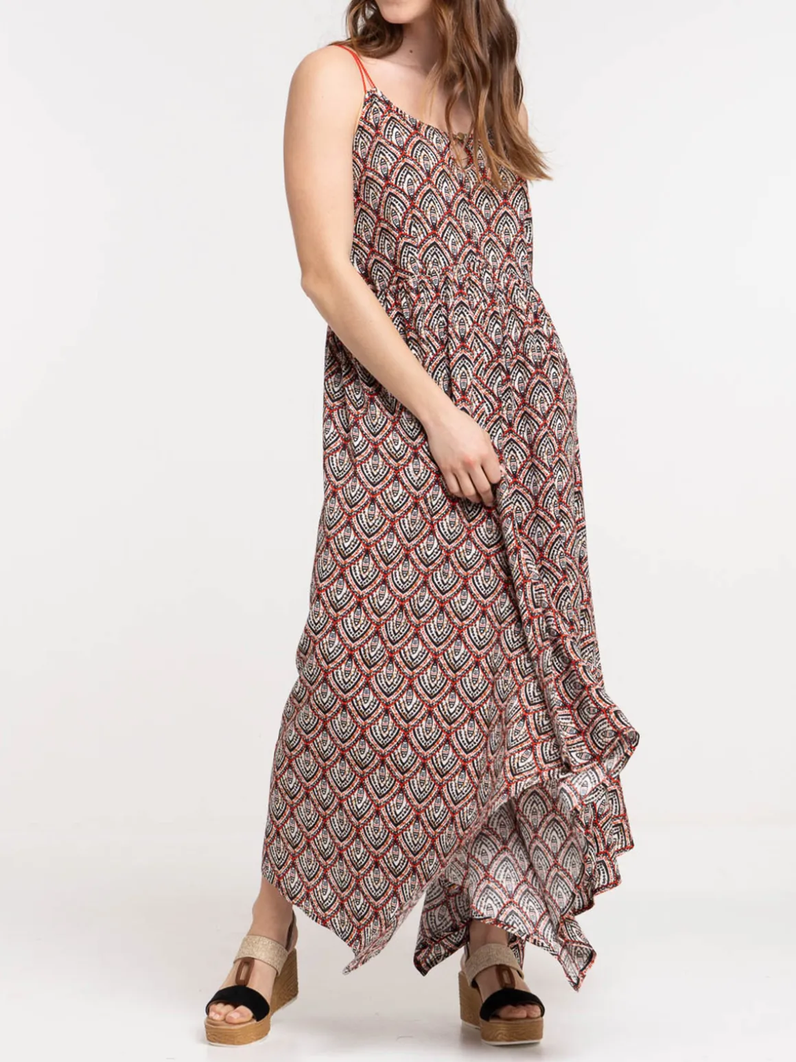 Robe longue imprimée asymétrique femme