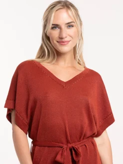 Robe sienne maille tricot col V femme