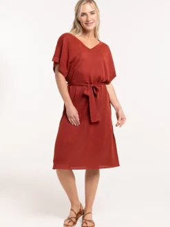 Robe sienne maille tricot col V femme