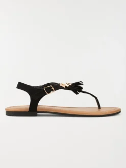 Sandales pompons talon plat noir (36-41)