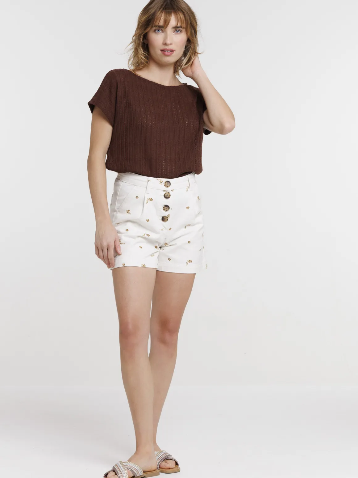 Short taille haute fleuri femme