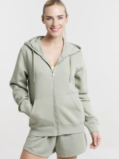 Sweat zippé capuche mousse clair femme