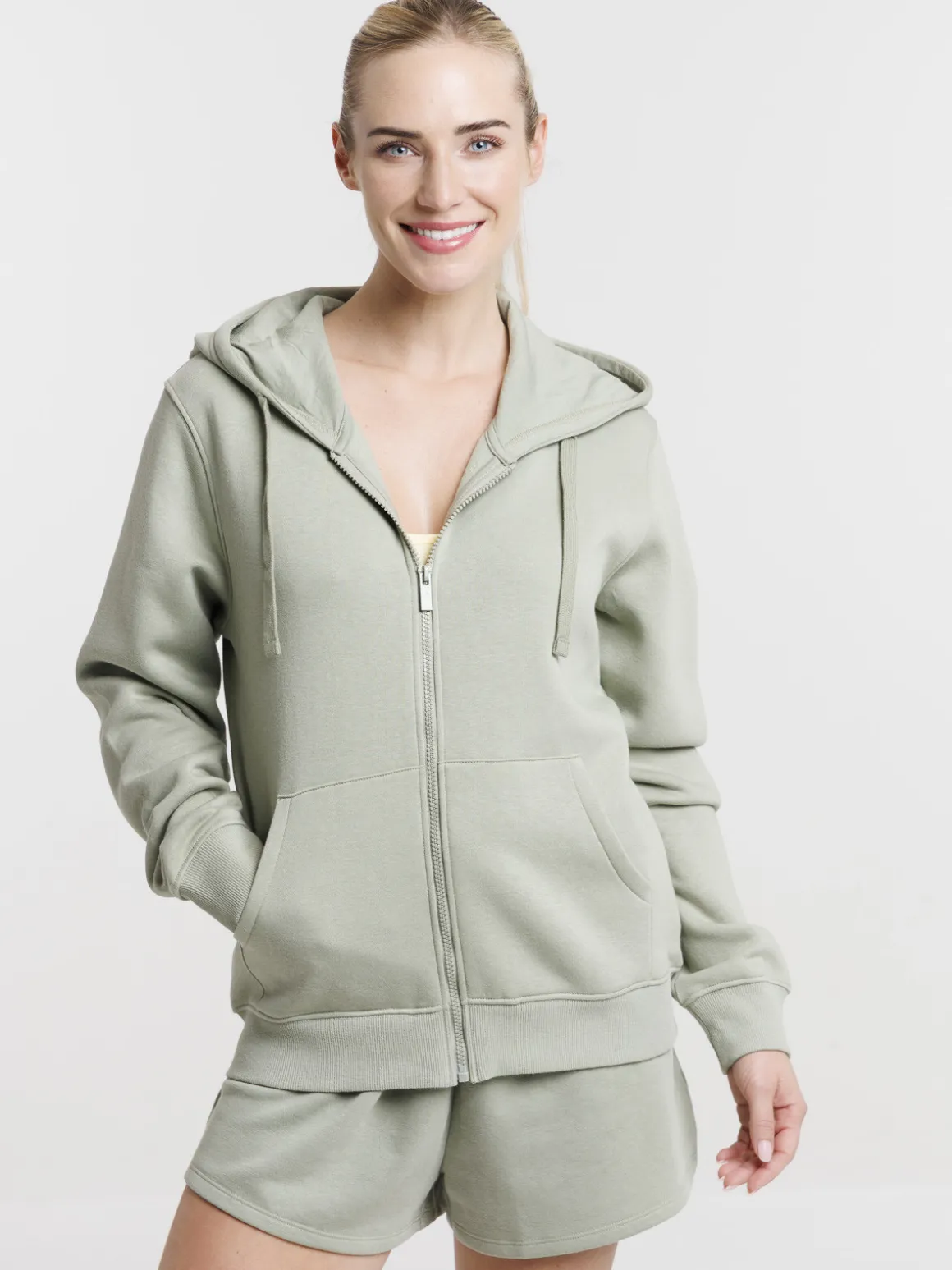 Sweat zippé capuche mousse clair femme