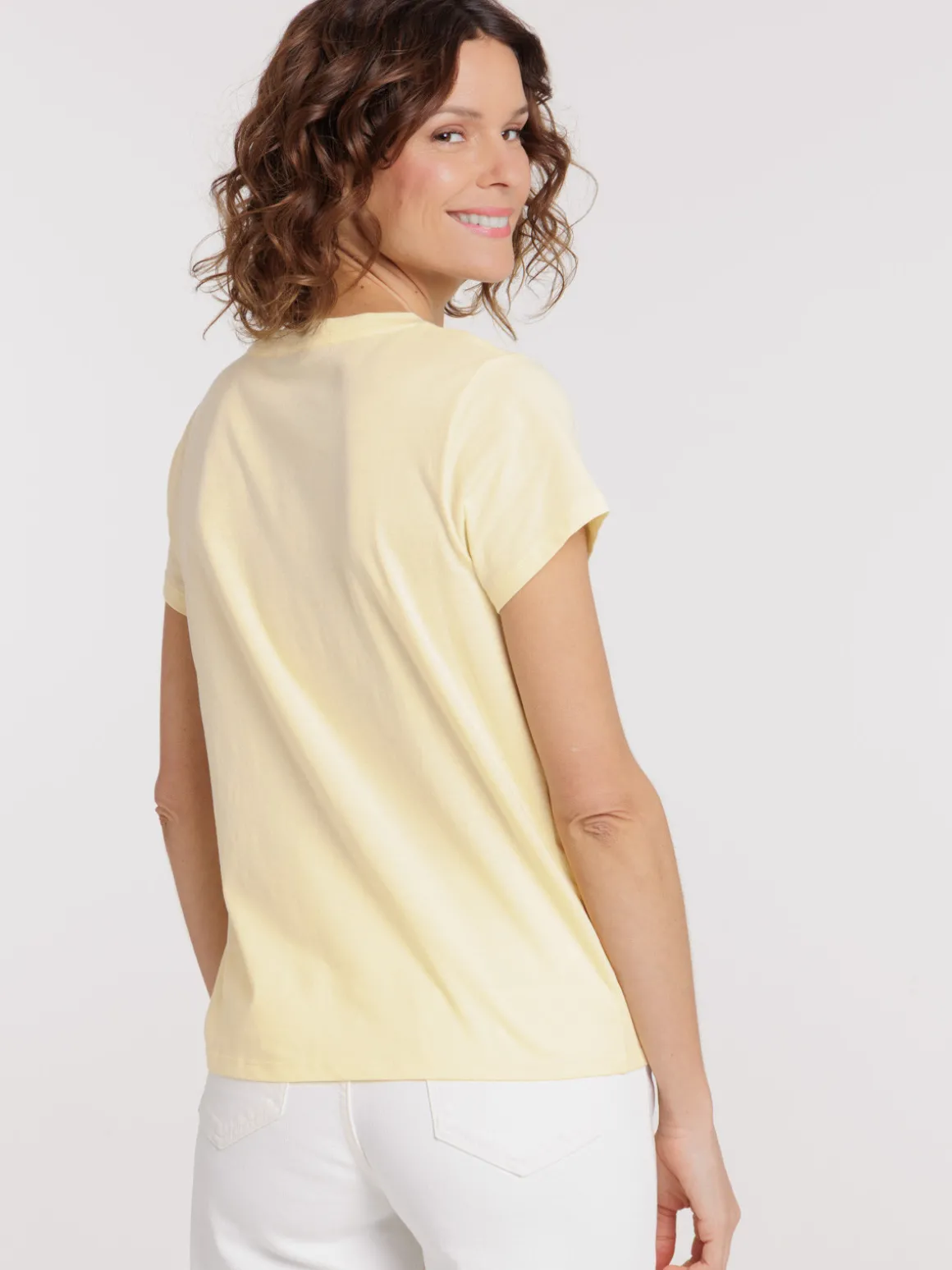 Tee-shirt col rond jaune pâle femme