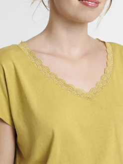 Tee-shirt col V dentelle olivette femme