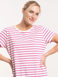 Tee-shirt écru rayé fushia femme