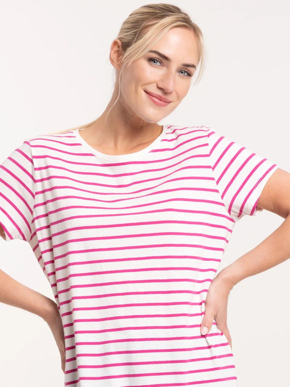 Tee-shirt écru rayé fushia femme