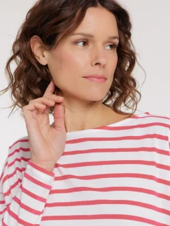 Tee-shirt écru rayé rose femme