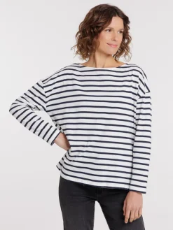 Tee-shirt femme rayé écru marine navy