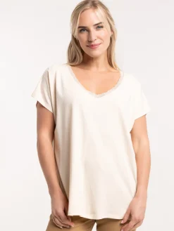 Tee-shirt linen col V dentelle femme