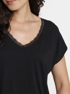 Tee-shirt noir col V dentelle femme