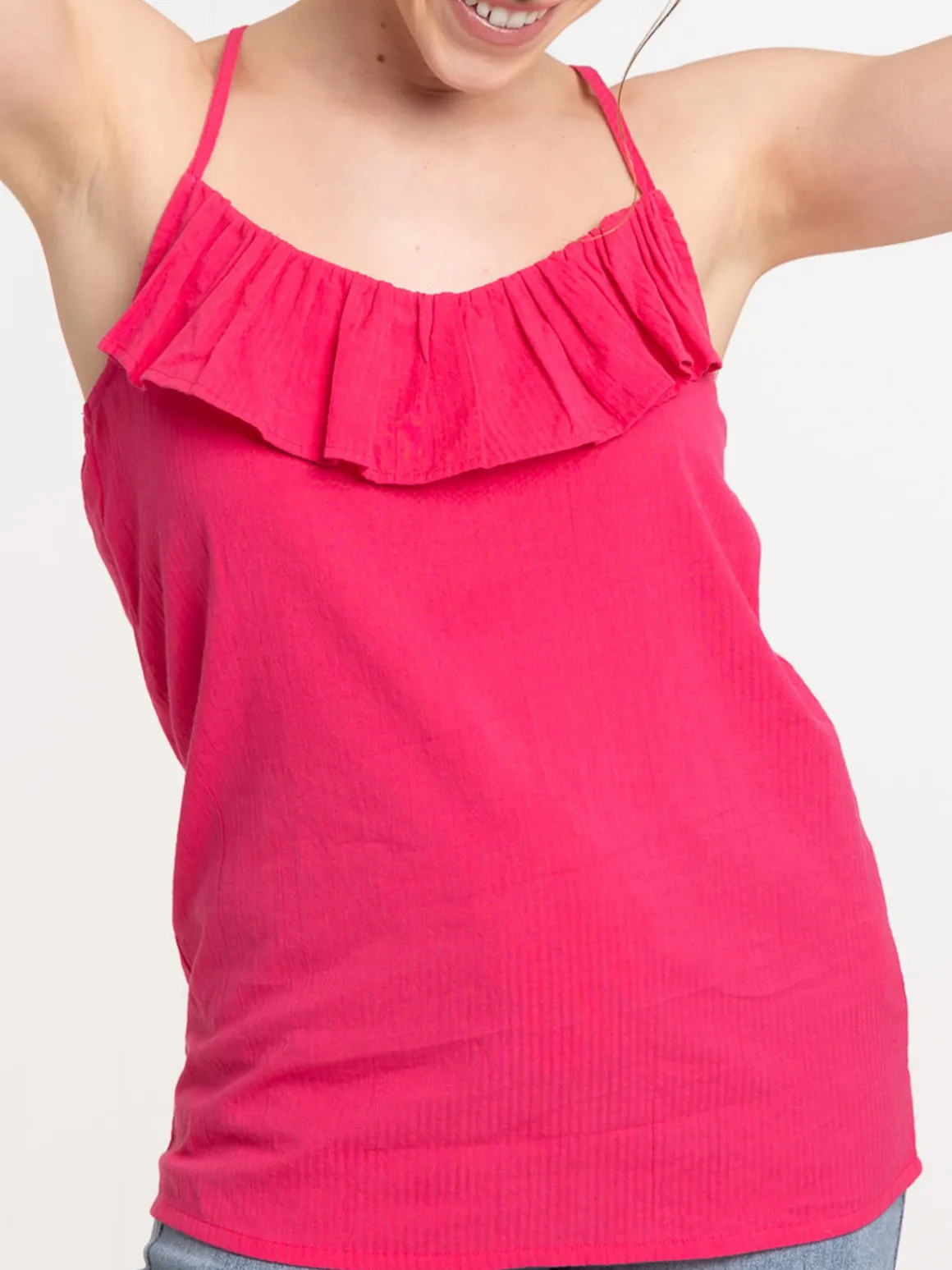 Top à bretelles seersucker fushia femme