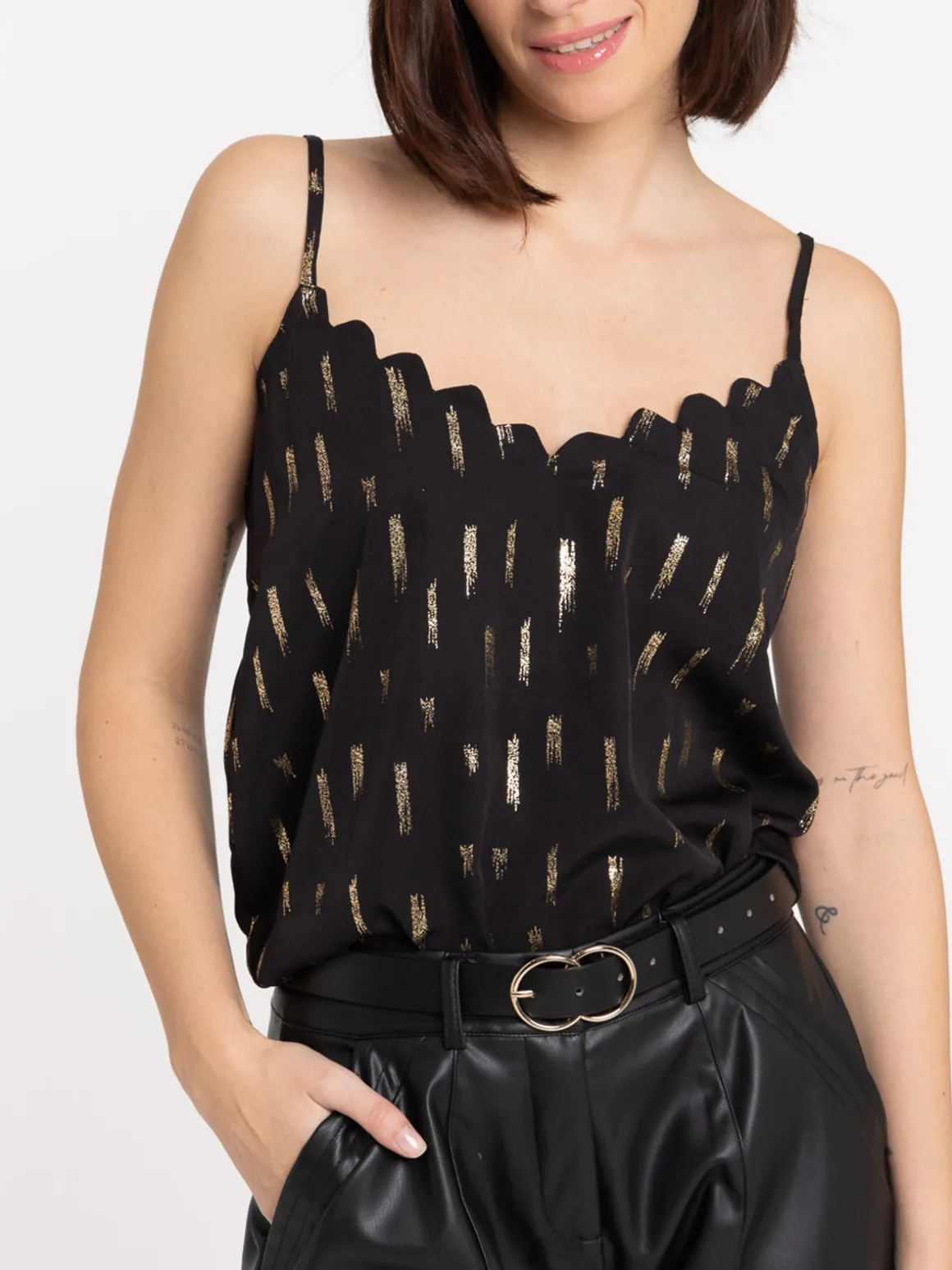 Top festonné noir et doré femme