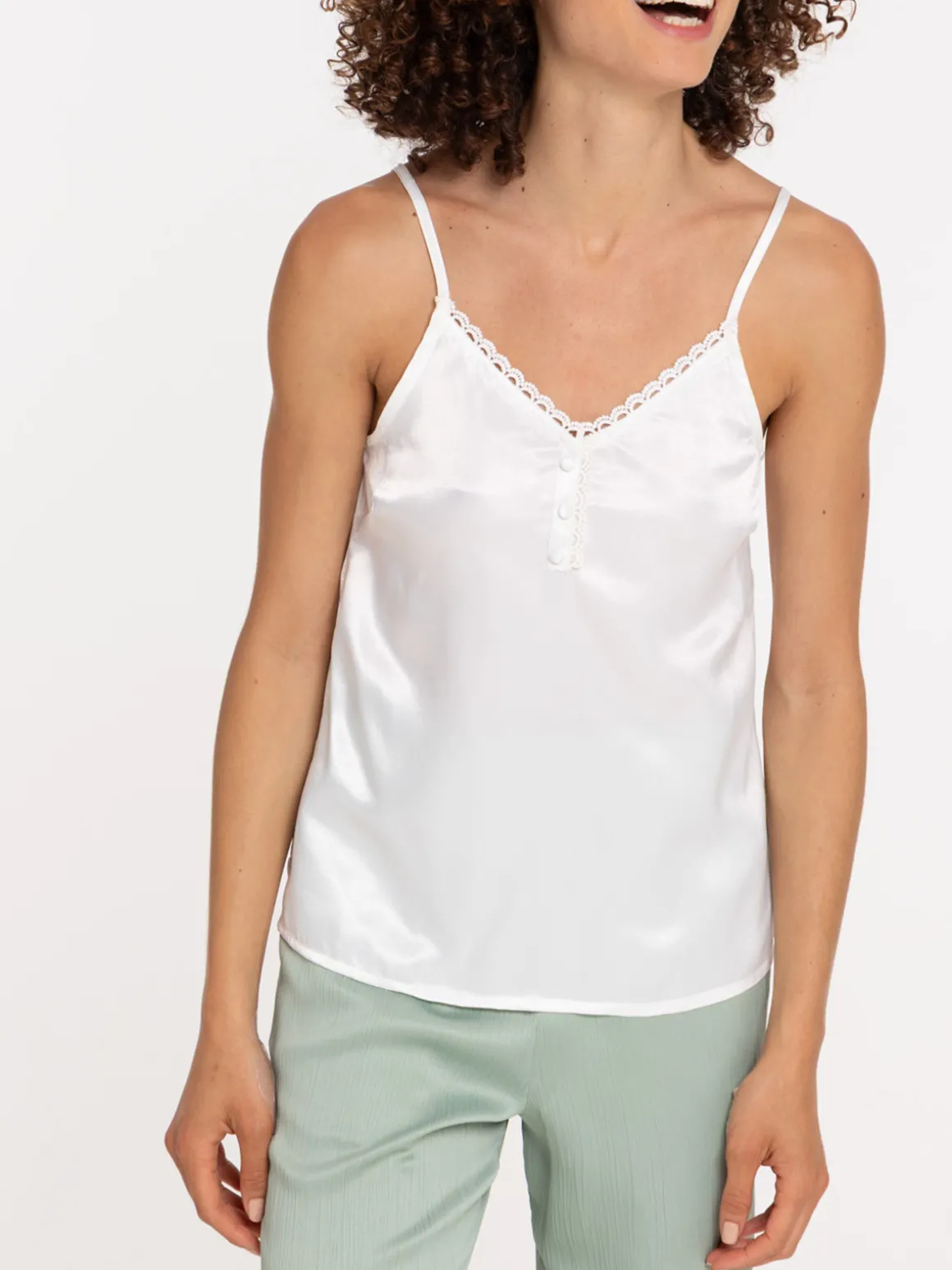 Top satin blanc cassé femme