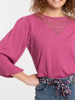T-shirt aubergine dentelle macramé femme