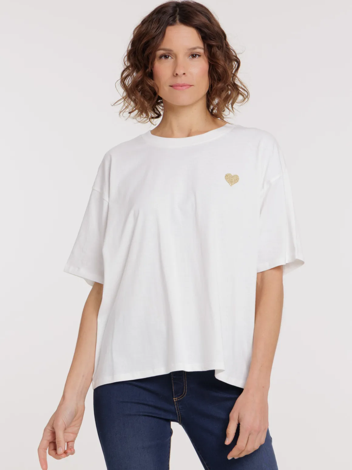 T-shirt blanc cassé coeur doré femme