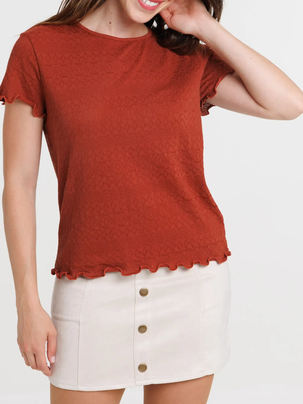 T-shirt col rond marron rougi femme