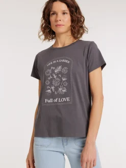 T-shirt col rond motif fleurs femme