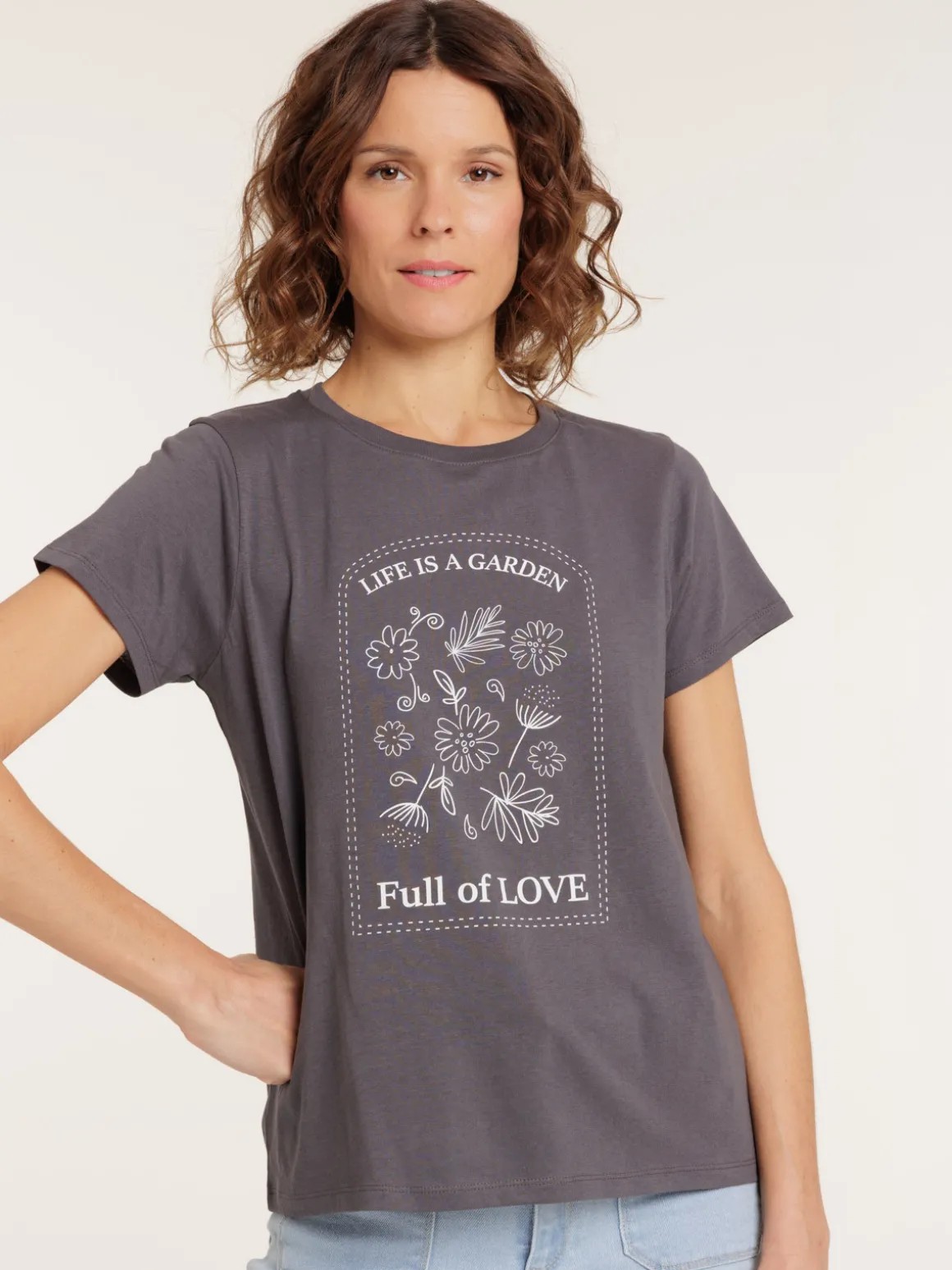 T-shirt col rond motif fleurs femme