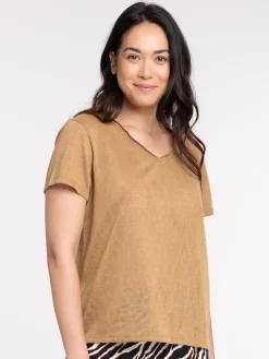 T-shirt col V caramel femme