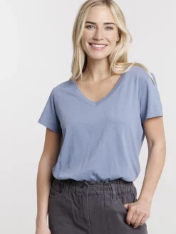 T-shirt col V denim bleu femme