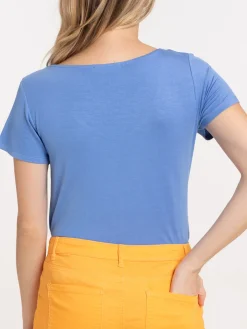 T-shirt col V dentelle bleu moyen femme