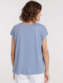 T-shirt col V dentelle denim blue femme