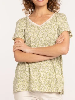 T-shirt col V imprimé fleuri femme