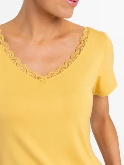T-shirt col V ocre femme